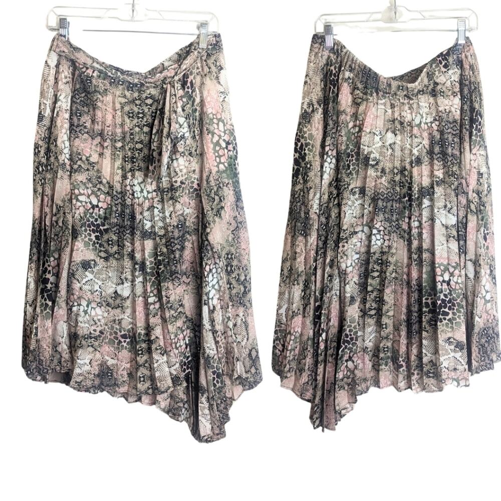 Pink & Black Animal Print Pleated Asymmetrical Pull-On Midi Skirt Women's XL